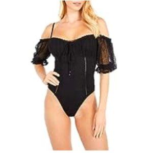 Jonathan Simkhai Sailor Lace Puff Sleeve Corset One Piece Swimsuit, Black XS NWT